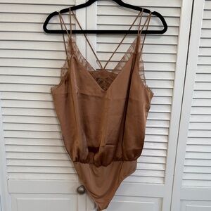Express Satin Lace-Trim Bodysuit in Camel